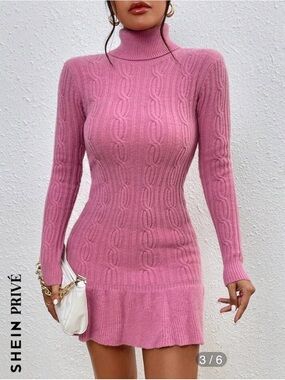 NWOT SHEIN Privé Pink Cable Knit Turtleneck Sweater Dress